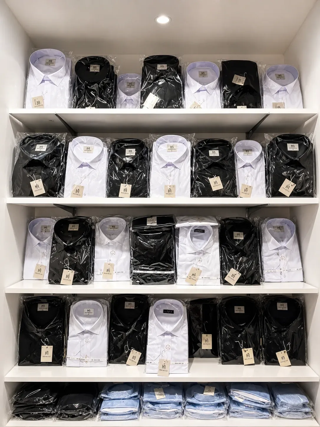 Weißes Regal mit gestapelten Hemden in Weiß, Schwarz und Hellblau, einzeln verpackt.