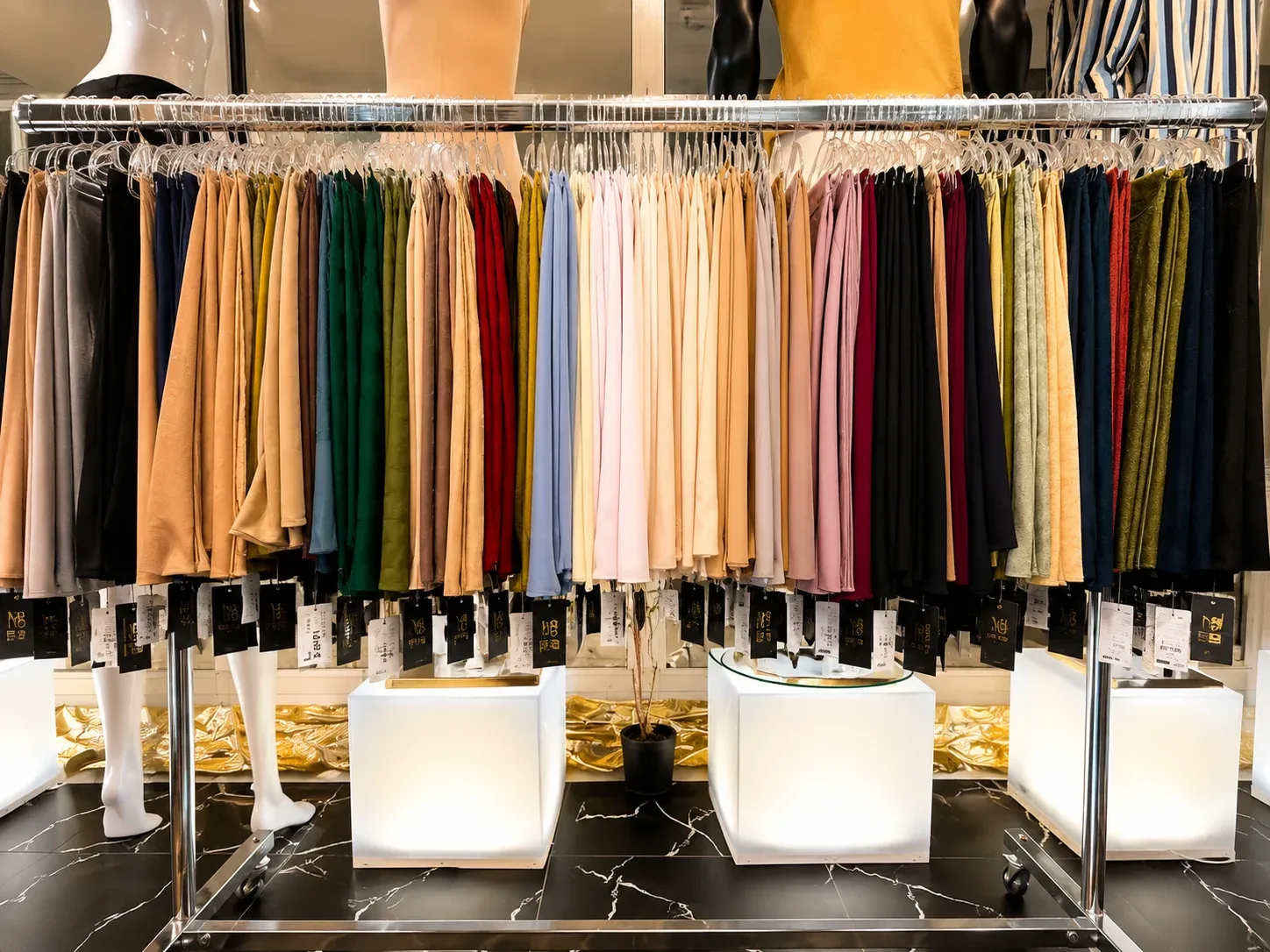 Kleiderstange mit fließenden Hosen und Röcken in vielen Farben über leuchtenden MB Sockeln.