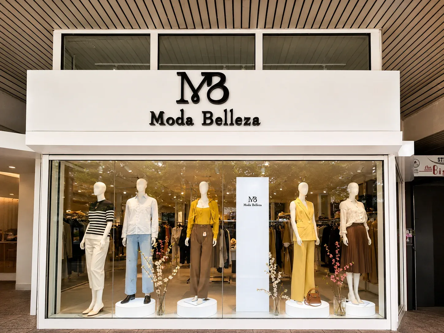 Eingang von Moda Belleza bei Tag mit der MB Wortmarke über dem Schaufenster und Schaufensterpuppen dahinter.