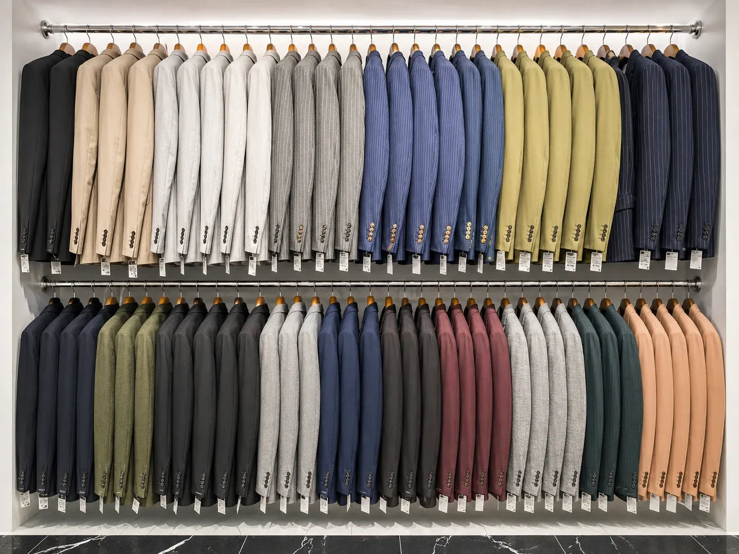 Zwei Reihen Sakkos in vielen Farben auf der Kleiderstange im Laden von Moda Belleza.