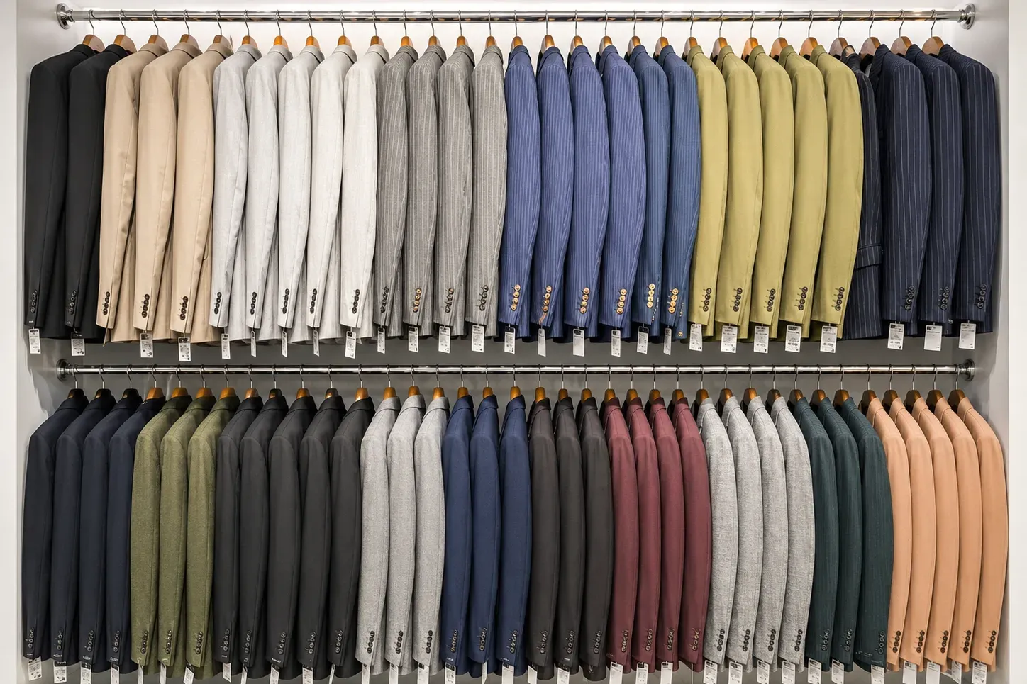 Zwei übereinanderliegende Stangen mit Sakkos in Schwarz, Beige, Grau, Blau, Oliv, Bordeaux und Terrakotta im Laden von Moda Belleza.