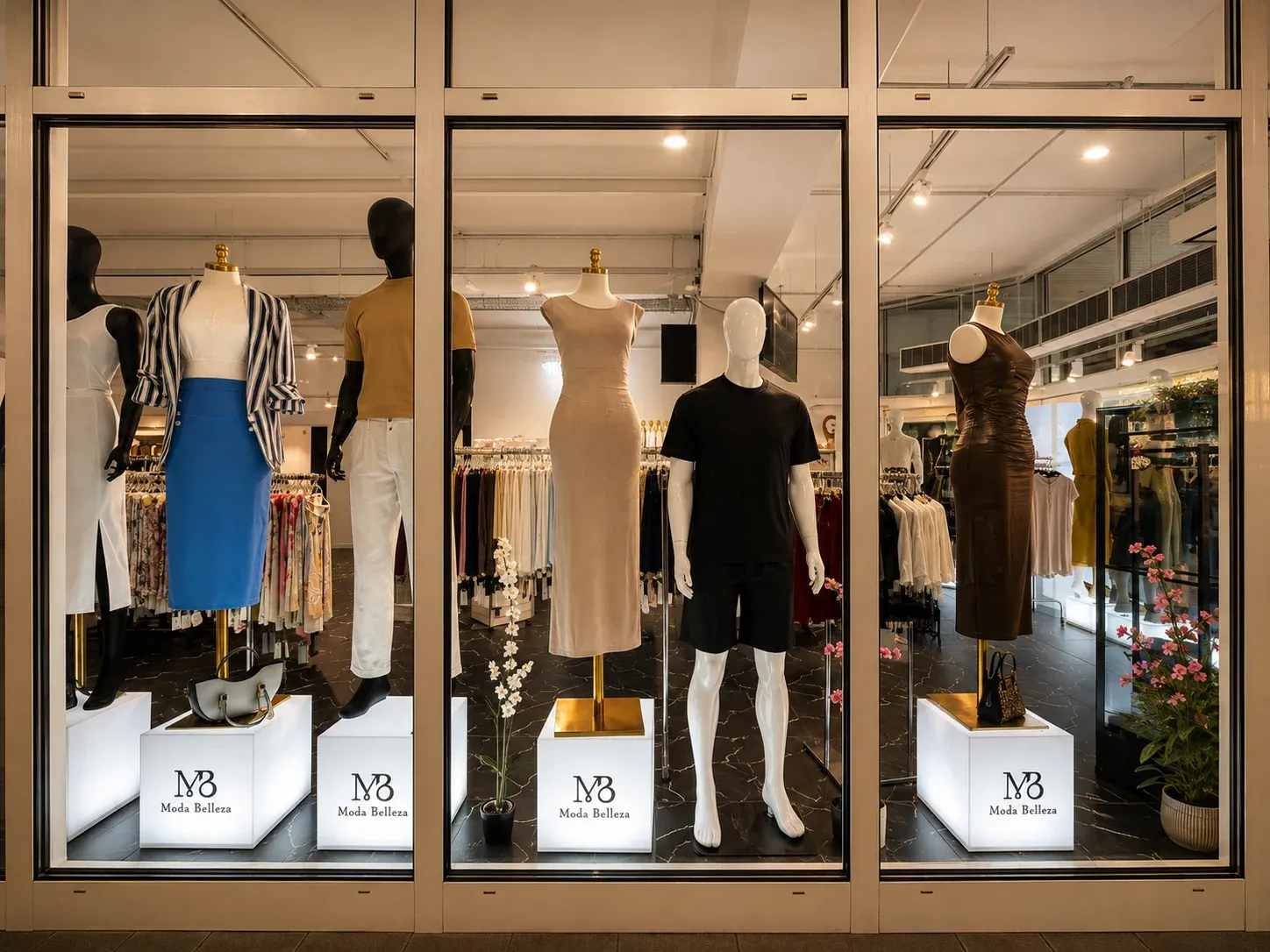 Schaufenster von Moda Belleza mit drei beleuchteten Segmenten und angezogenen Schaufensterpuppen auf leuchtenden MB Sockeln.